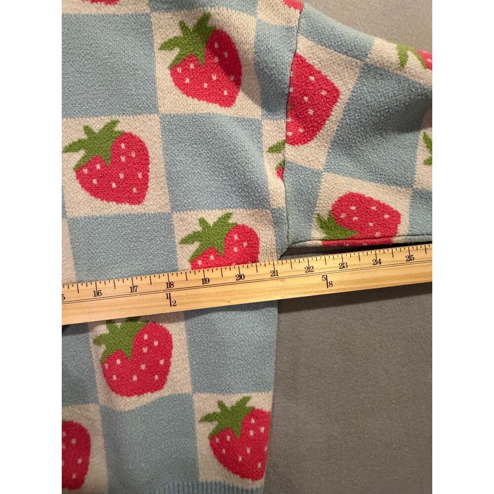 Luna Ivy Strawberry Checkerboard Sweater Blue Pink Knit Crewneck Women’s L - Picture 3 of 5